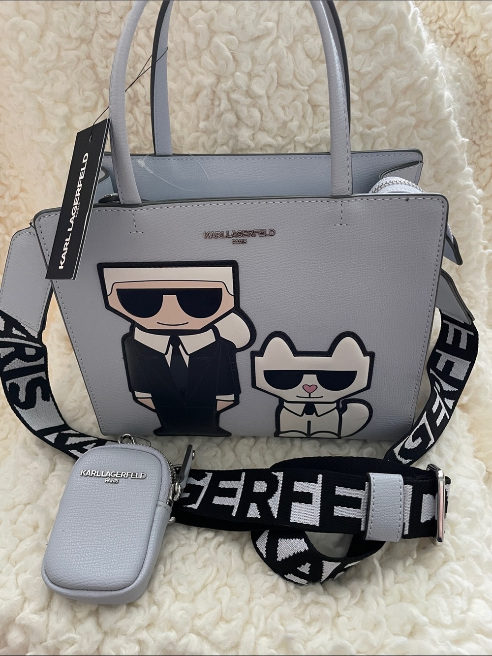 Karl Lagerfeld Light Gray Satchel with Character Patch and Branded Strap